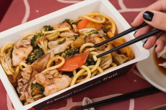 Marmita da Frutifica com yakissoba de frango e legumes vista de cima, com hashi na mão