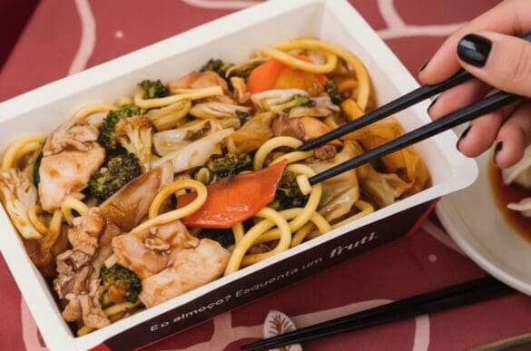 Marmita da Frutifica com yakissoba de frango e legumes vista de cima, com hashi na mão