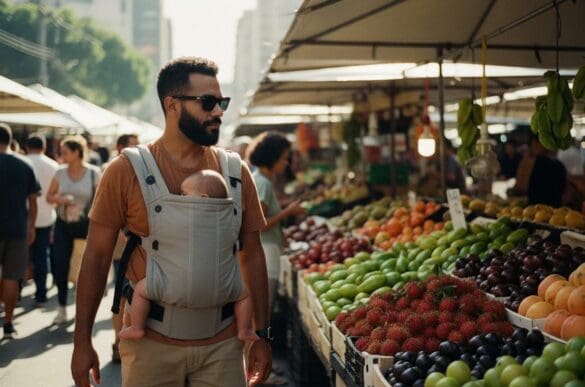 Homem com bebê no colo passando por uma banca de frutas frescas em uma feira de rua
